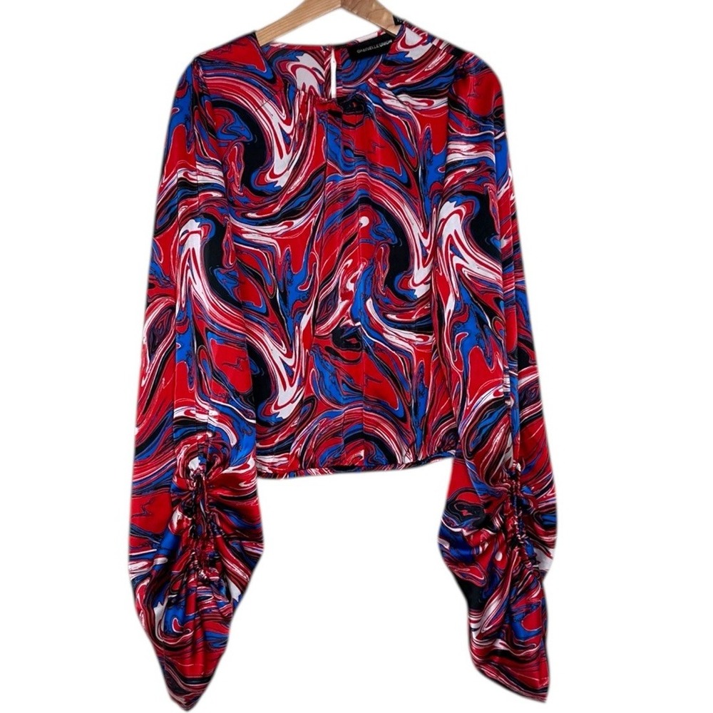 Gabrielle Union Blouse Shirt Top Womens L Satin Berry Bliss Swirl‎ Print Regency